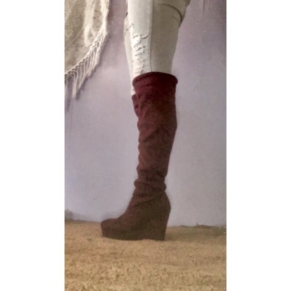 Wine Thigh-High Wedge Boots